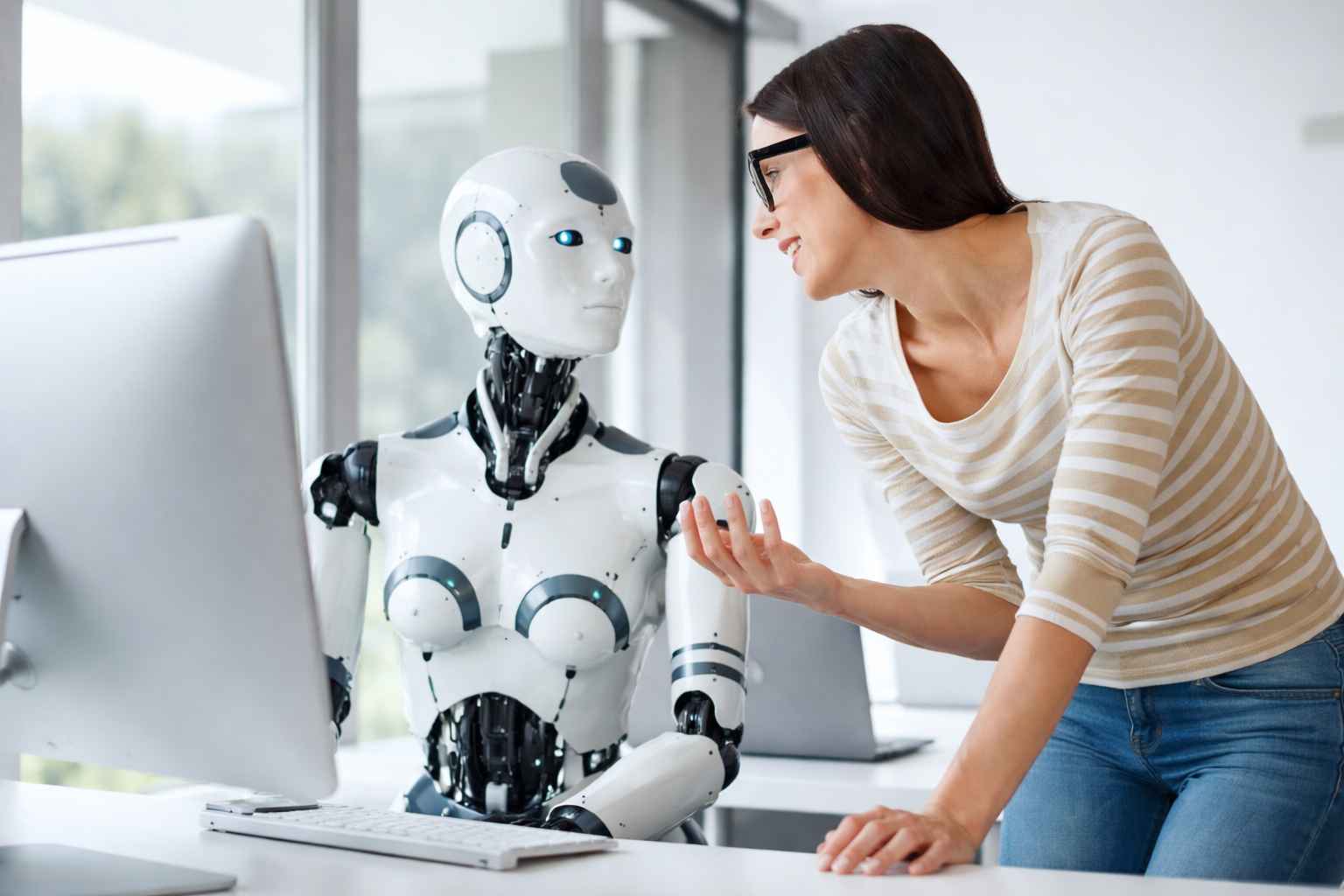 Woman and robot in modern
