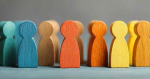 Row of colorful wooden figurines representing a diverse group or team in teal, blue, red, orange, and yellow colors.